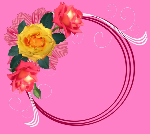 Illust Wirh Okrąg Ramka Ozdobiona Różanymi Kwiatami — Wektor stockowy