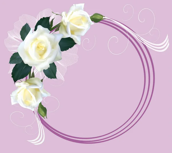 Illustration White Rose Flowers Circle Frame Isolated Pink Background — Stock Vector