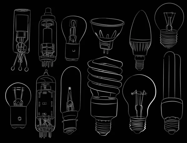 Illustration Electric Lamp Sketches Isolated Black Background — Stock Vector