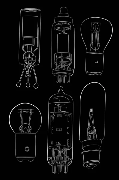 Illustration Mit Elektrischen Lampenskizzen Isoliert Auf Schwarzem Hintergrund — Stockvektor