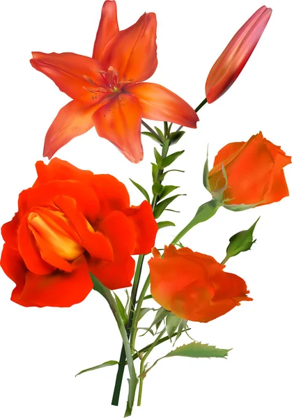 Απεικόνιση Λουλούδια Κρίνου Και Τριαντάφυλλου Που Απομονώνονται Λευκό Φόντο — Διανυσματικό Αρχείο