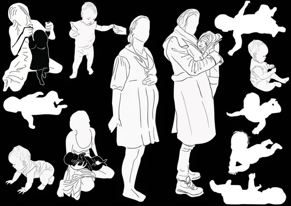 Illustratie Met Moeder Baby Schetsen Collectie Geïsoleerd Zwarte Achtergrond — Stockvector