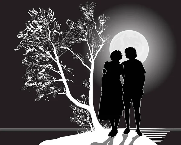 Illustration Avec Homme Femme Nuit Unser Lune — Image vectorielle