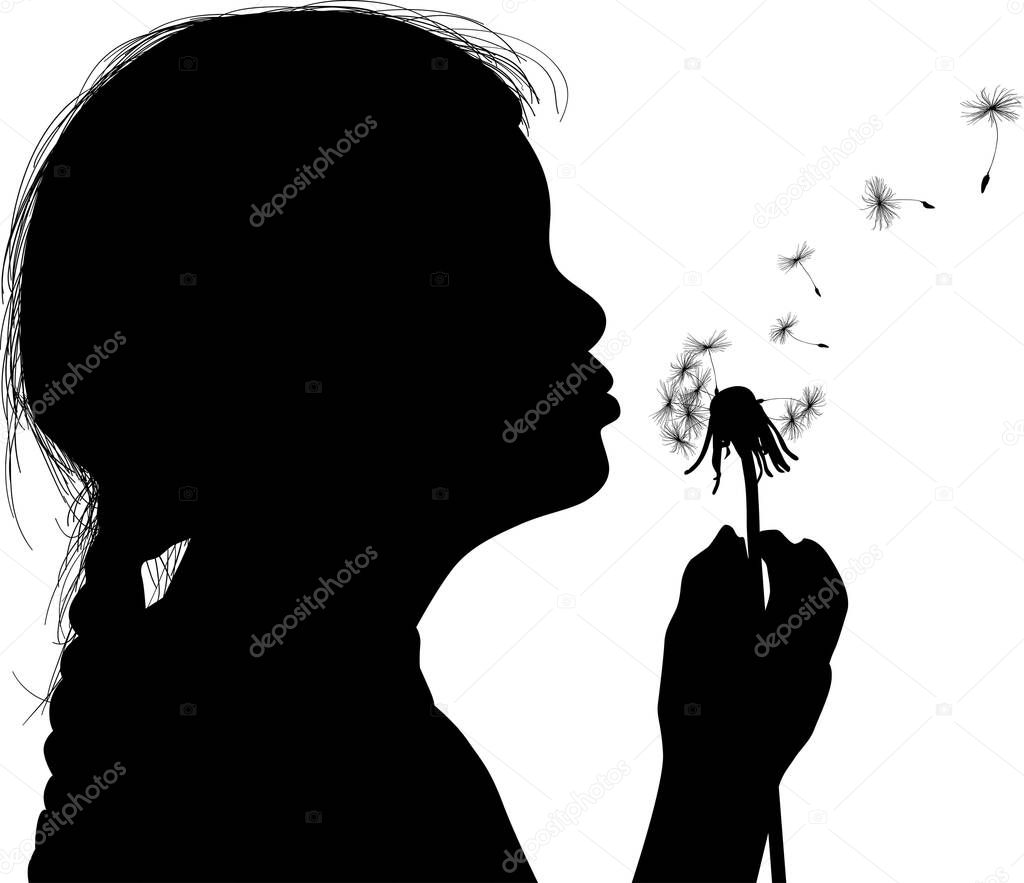 illustration with child blowing on dandelion isolated on white background