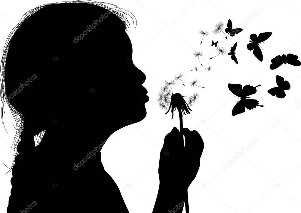 illustration with child blowing on dandelion isolated on white background