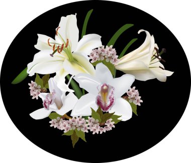 Siyah arkaplanda beyaz zambak ve orkide çiçekleri bulunan resimler