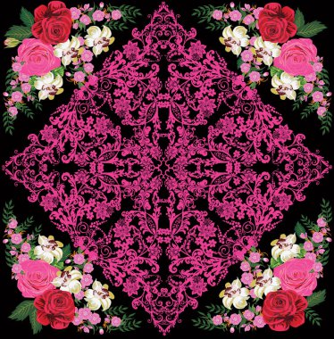 Siyah arkaplanda pembe çiçek desenli bir resim