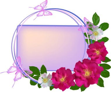 Koyu kırmızı gül kompozisyonu ve üç açık kelebek.