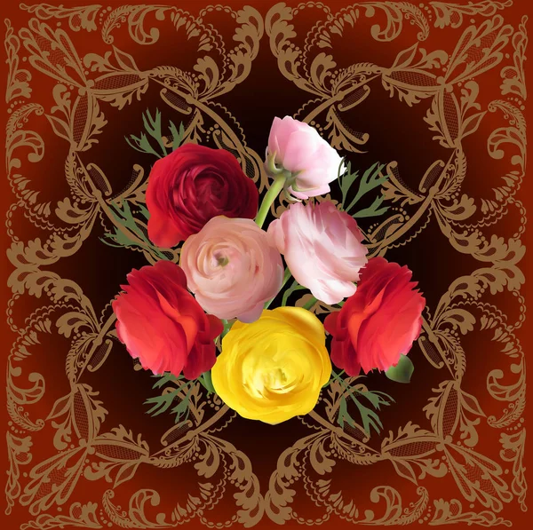 装飾された茶色のフレームの色の花のイラスト — ストックベクタ