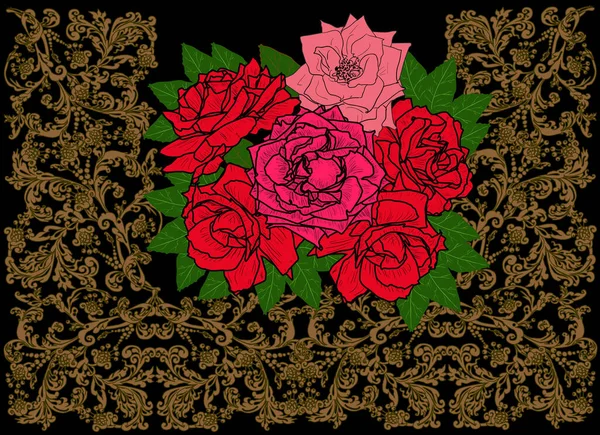 茶色の装飾のバラの花のイラスト — ストックベクタ