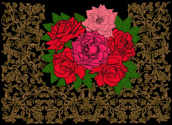 Ilustração Com Flores Rosas Decoração Marrom — Vetor de Stock