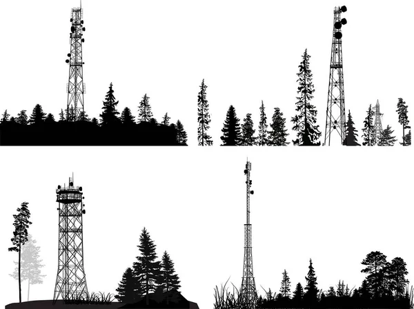 Illusztráció Antenna Torony Sziluettek Fekete Erdő Elszigetelt Fehér Háttér — Stock Vector