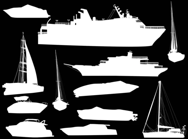 在黑色背景上孤立的十二艘船的轮廓图 — 图库矢量图片