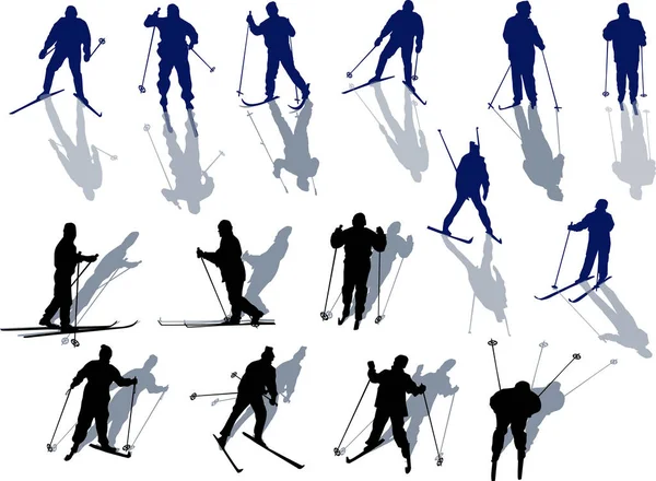 Ilustración Con Conjunto Esquiadores Aislados Sobre Fondo Blanco — Vector de stock