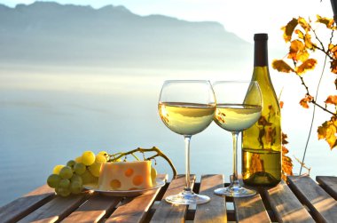 İki bardak beyaz şarap üzüm bağları Lavaux, İsviçre karşı ile yakın çekim fotoğraf
