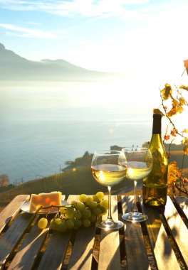 İki bardak beyaz şarap üzüm bağları Lavaux, İsviçre karşı ile yakın çekim fotoğraf