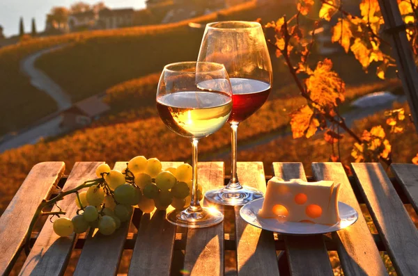 Primo Piano Foto Bicchieri Con Vino Rosso Bianco Con Formaggio — Foto Stock