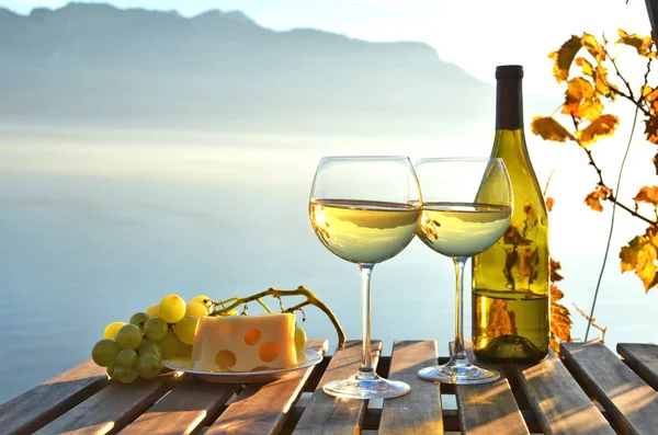 Foto Primo Piano Due Bicchieri Con Vino Bianco Contro Vigneti — Foto Stock