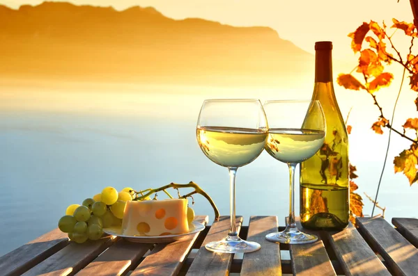 Bardak Beyaz Şarap Üzüm Bağları Lavaux Sviçre Karşı Ile Yakın — Stok fotoğraf