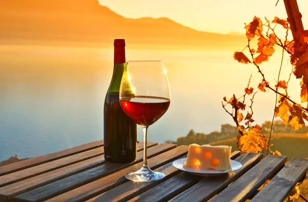 Närbild Glas Med Rött Vin Mot Vingårdarna Lavaux Schweiz — Stockfoto