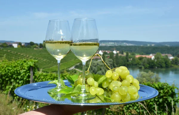 Frau Hält Tablett Mit Wein Und Trauben Mit Weinbergen Rheinau — Stockfoto