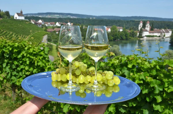 Frau Hält Tablett Mit Wein Und Trauben Mit Weinbergen Rheinau — Stockfoto