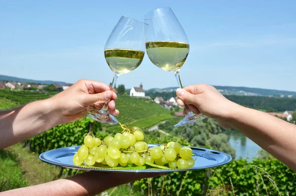 Donna Uomo Possesso Paio Bicchieri Vino Contro Vigneti Rheinau Svizzera — Foto Stock