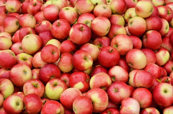 Högen Färska Mogna Röda Äpplen Texturerat Bakgrund — Stockfoto