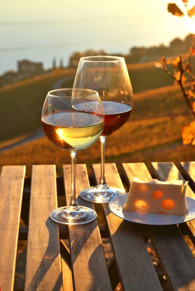 Wijn en kaas op het terras van de wijngaard in Lavaux-gebied, Swi — Stockfoto