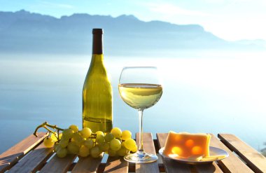 Cenevre Gölü 'ne karşı şarap, üzüm ve peynir. Lavaux, İsviçre