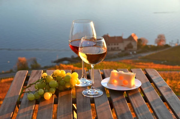 Verres à vin contre le lac Léman. Lavaux, Suisse — Photo
