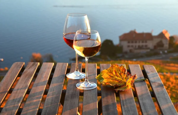 Weingläser gegen den Genfer See. lavaux, Schweiz — Stockfoto