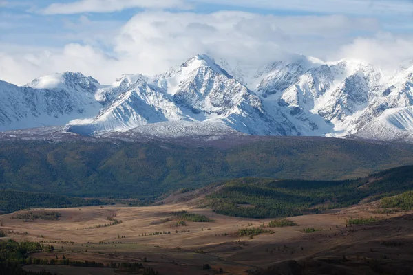 Altaï Vue Sur Vallée Montagne Sommets Enneigés Glaciers Photos De Stock Libres De Droits