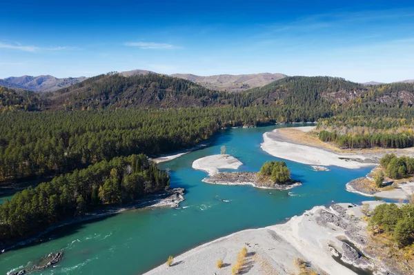 Letecká Fotka Horského Údolí Řeka Katun Altai Sibiř — Stock fotografie