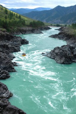 Sporcular dağ nehrinde rafting yapıyor. Katun Nehri. Altai. Sibirya.