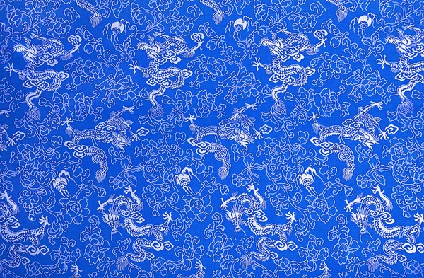 Fragment Soie Bleue Chinoise Aux Dragons Fleurs — Photo