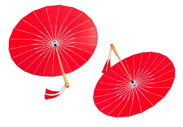 Parapluie Traditionnel Chinois Rouge Avec Poignée Bambou Tussle Soie Isolé — Photo