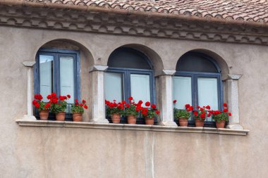 Nice windows with geranium flowers in a spanish town Gerona. clipart