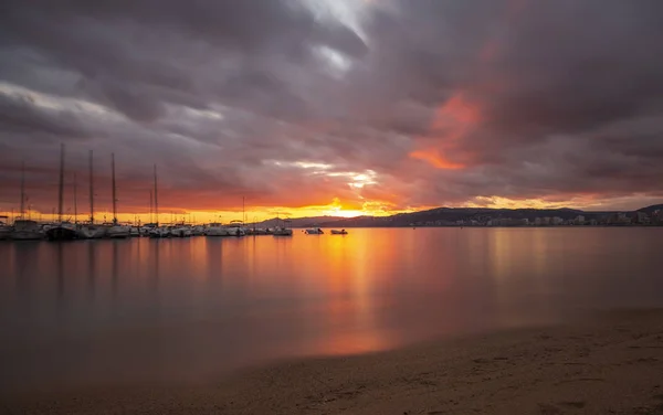 Bella Foto Lunga Esposizione Una Spiaggia Tramonto Catalogna Costa Brava — Foto Stock