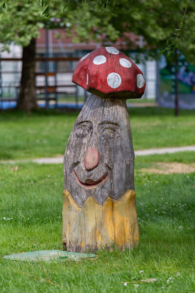 Beautiful carved wood columns, mushroom shapes, in the beach near the lake Balaton, village Vonyarcvashegy of Hungary