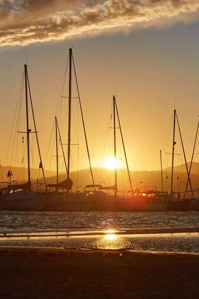 Beautiful Sunset Light Mediterranean Ocean Small Spanish Town Palamos Port — Stock Photo, Image