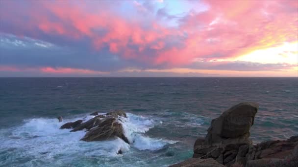 Red Sunset Light Mediterranean Ocean Spanish Costa Brava Town Palamos — Stock Video