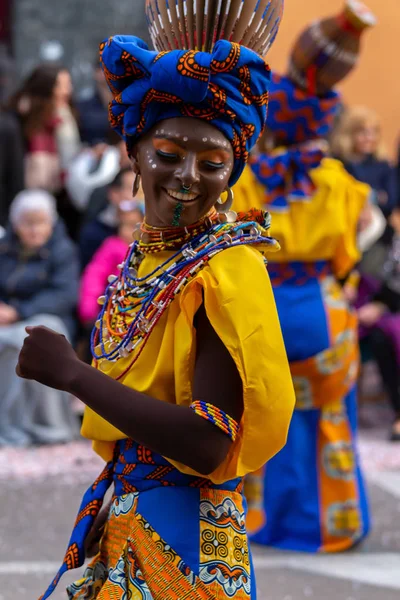 Traditional carnival in a Spanish town Palamos in Catalonia. Many people in costume and interesting make-up. 03. 02. 2019 Spain — Stock Photo, Image