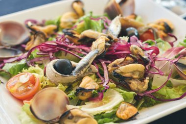 Deniz ürünleri ve hamsi restoranın tipik İspanyol salatası