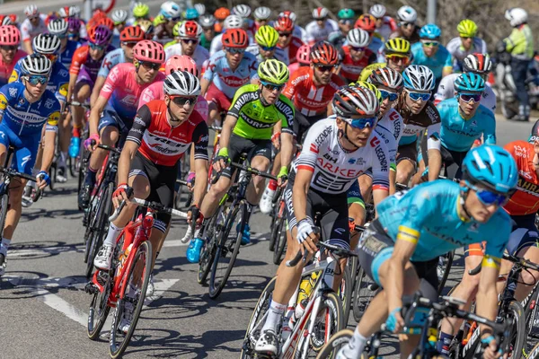 Teilnehmer des Volta-Straßenradfahrens in Katalonien auf der 3. Etappe (von sant feliu de guixols nach vallter 2000) 27. 03. Spanien 2019 — Stockfoto