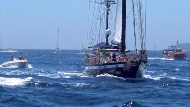 Traditional Nautical Procession Virgin Carmen Saint Sailors Fisherboats Coast Village — Stock Video
