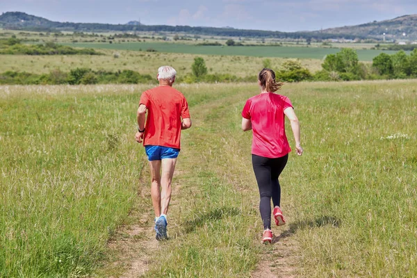 Senior läuft mit Enkelkind auf der Wiese — Stockfoto