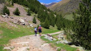Nuria Vadisi yakınlarındaki İspanyol Pireneleri yolunda yürüyen iki turist