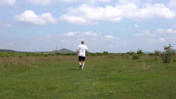 Hombre Deportivo Mediana Edad Corriendo Prado Primavera — Vídeos de Stock