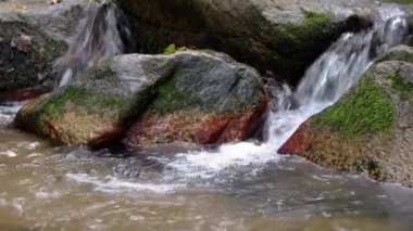 Güzel peçe çağlayan şelaleler derede, yosun tutmuş kayalar